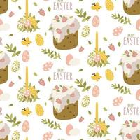 Easter bun pattern with icing and decoration, citrus fruits, eggs, candles, hares and decor. Pastel palette. Easter vector pattern. Colorful Easter eggs and buns. Gift wrapping for Easter