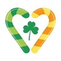 Two candy canes in the form of a heart with a clover leaf. Traditional symbols of Irish holiday. Saint Patricks Day holiday. vector