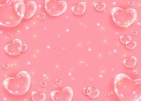 Realistic transparent 3d hearts glass effect background. Glossy soap bubble hearts on pink background with shiny dots. Valentines day banner. vector