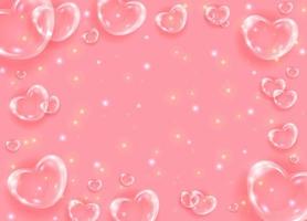 Realistic transparent 3d hearts glass effect background. Glossy soap bubble hearts on pink background with shiny dots. Valentines day banner. vector