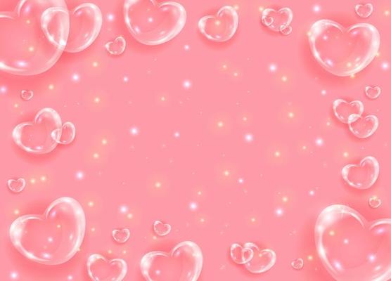 Realistic transparent 3d hearts glass effect background. Glossy soap bubble hearts on pink background with shiny dots. Valentines day banner.