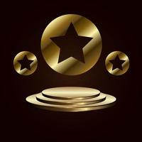 Three big Gold stars on golden Stage, podium with a big premium star, and two small stars the place with the big star award ceremony on a dark background vector