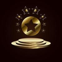 Gold Stage podium with falling premium stars, the place with the big star award ceremony on a dark background. Vector illustration