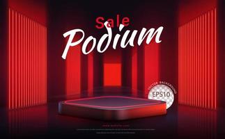 Square podium with red neon light on the way background, backdrop for display product on sale. Vector illustration