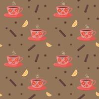 Seamless pattern with cup, cinnamon and lemon. Vector pattern in a flat view.
