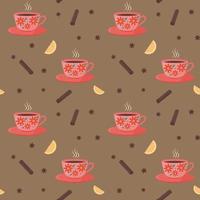 Seamless pattern with cup, cinnamon and lemon. Vector pattern in a flat view.