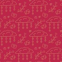 Seamless pattern with clouds and hearts, a love SMS message, a heart-shaped plant. Seamless vector pattern in doodle style. Template for fabric, textiles, wrapping paper, wallpaper and other things.