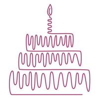 dibujo lineal continuo de un pastel de cumpleaños. pastel con una vela. concepto de celebración de cumpleaños aislado en un fondo blanco. ilustración vectorial de un diseño dibujado a mano vector