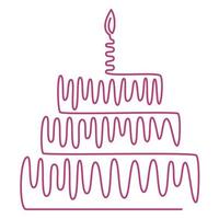 Continuous linear drawing of a birthday cake. Cake with a candle. Birthday celebration concept isolated on a white background. Vector illustration of a hand-drawn design