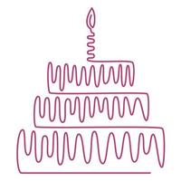 Continuous linear drawing of a birthday cake. Cake with a candle. Birthday celebration concept isolated on a white background. Vector illustration of a hand-drawn design