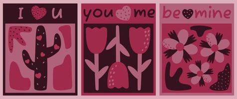 A set of love-themed postcards. Posters with the inscription I love you, You and I, Be mine. Vector illustration.