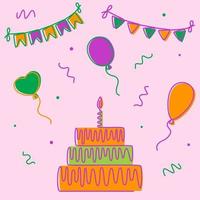 Continuous linear drawing of a birthday cake, balloons, garlands of flags. Cake with sweet cream and candle. A birthday celebration concept isolated on a colored background with streamers and confetti vector