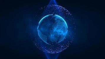 abstrakt blå planet jord spinning med trogen avancerad partiklar ljus lysande magisk energi, abstrakt bakgrund. video 4k, rörelse design
