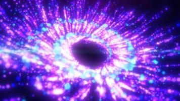 Abstract purple and blue bright luminous particles flying in a spiral in a whirlwind magical energy, abstract background. Video 4k, motion design