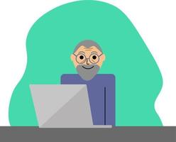 Elderly man behind a laptop, vector. vector