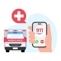 call ambulance via mobile phone device, emergency call 911 concept illustration flat design vector icon, infographic, poster, etc