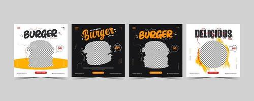 Food social media post. Burger social media banner design vector template. Square size.