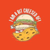 Burger character surfing a piece of cheese vector illustration. Funny, fast-food, sports design concept.