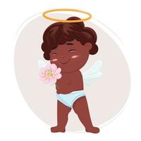 adorable cupido negro con la flor. para tarjetas, carteles, pancartas, impresiones, anuncios. Feliz día de San Valentín. vector