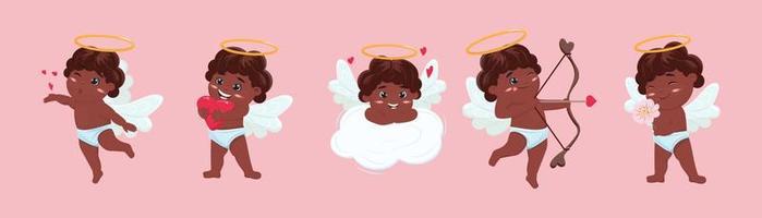 Collection of black cupid characters in flat cartoon style. Cute group of cupids in love vector