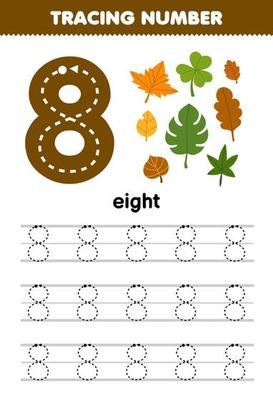 Education game for children tracing number eight with cute cartoon leaf picture printable nature worksheet