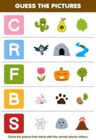 Education game for children guess the correct picture for phonic word that starts with letter C R F B and S printable nature worksheet vector