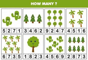 juego educativo para niños contando cuántos árboles de dibujos animados lindos hay en cada mesa hoja de trabajo de naturaleza imprimible vector