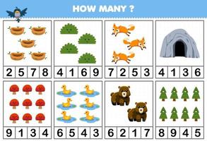 Education game for children counting how many cute cartoon bird nest bush fox cave bear in each table printable nature worksheet vector