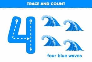 Education game for children tracing number four and counting of cute cartoon wave printable nature worksheet vector