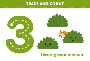 Education game for children tracing number three and counting of cute cartoon green bush printable nature worksheet vector