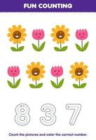 Education game for children count the pictures and color the correct number from cute cartoon flower printable nature worksheet vector