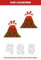 Education game for children count the pictures and color the correct number from cute cartoon volcano printable nature worksheet vector