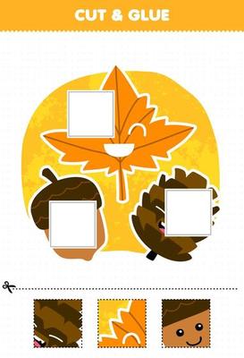 Education game for children cut and glue cut parts of cute cartoon acorn pinecone maple leaf and glue them printable nature worksheet