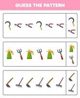 Education game for children guess the pattern each row from cute cartoon sickle pruner sprayer fork hoe rake printable tool worksheet vector