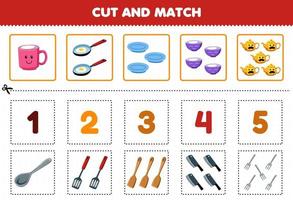 Education game for children cut and match the same number of cute cartoon mug frying pan plate mug bowl fork and spoon printable tool worksheet vector