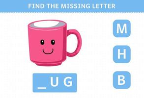 Education game for children find missing letter of cute cartoon mug printable tool worksheet vector