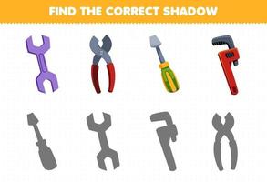 Education game for children find the correct shadow set of cute cartoon spanner pliers screwdriver wrench printable tool worksheet vector
