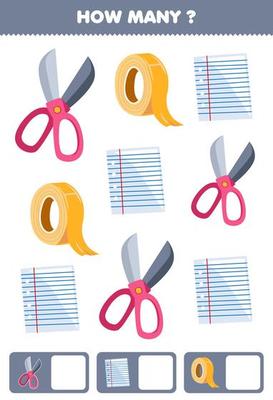 Education game for children searching and counting how many objects of cute cartoon scissor paper tape printable tool worksheet