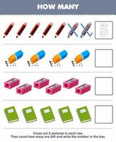 Education game for children count how many cute cartoon pencil eraser sharpener book and write the number in the box printable tool worksheet vector