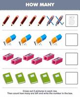 Education game for children count how many cute cartoon pencil eraser sharpener book and write the number in the box printable tool worksheet vector