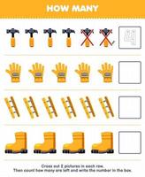 Education game for children count how many cute cartoon hammer glove ladder boot and write the number in the box printable tool worksheet vector