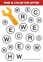 Education game for children find and color letter W for wrench printable tool worksheet vector