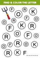 Education game for children find and color letter F for fork printable tool worksheet vector