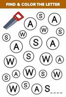 Education game for children find and color letter S for saw printable tool worksheet vector