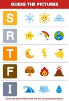 Education game for children guess the correct picture for phonic word that starts with letter S R T F and I printable nature worksheet vector