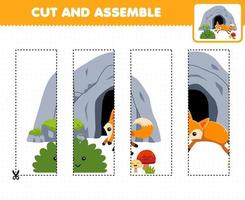 juego educativo para niños práctica de corte y armar rompecabezas con un lindo zorro de dibujos animados frente a la hoja de trabajo de la naturaleza imprimible de la cueva vector