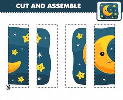 Education game for children cutting practice and assemble puzzle with cute cartoon moon and star in the night sky printable nature worksheet vector