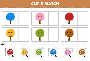 juego educativo para niños corta y combina el mismo color de la hoja de trabajo imprimible de la naturaleza del árbol de dibujos animados lindo vector