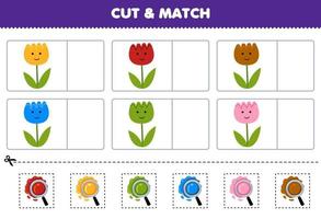 juego educativo para niños cortar y combinar el mismo color de la hoja de trabajo imprimible de la naturaleza de la flor de dibujos animados lindo vector