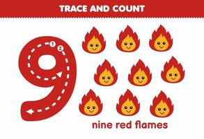 Education game for children tracing number nine and counting of cute cartoon red fire printable nature worksheet vector